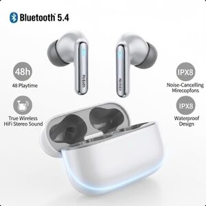 Bluetooth 5.4 Wireless Earbuds with Charging Case - White and Silver